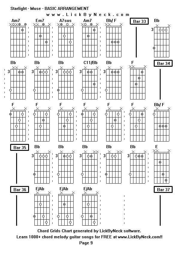 Chord Grids Chart of chord melody fingerstyle guitar song-Starlight - Muse - BASIC ARRANGEMENT,generated by LickByNeck software.